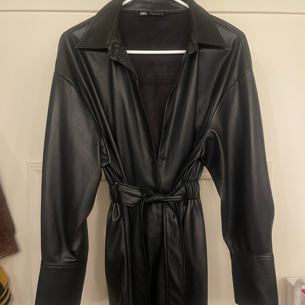 Zara Black Leather Button Up Dress